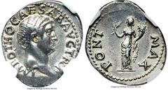 Ancients Roman Imperial Otho (January-April AD 69). AR denarius (20mm, 3.47 gm, 6h). NGC Choice XF 5/5 - 4/5. Rome. IMP OTHO CAESAR AVG TR P, bare, bewigged head of Otho right / PONT-MAX, Ceres standi