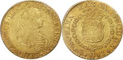 Chile Charles III gold 8 Escudos 1763 So-J AU58+ NGC, Santiago mint, KM20, Cal-2131. Hailing from a popular and short-lived 8 Escudos type, this charming representative offers a splendid lemon-gold pa