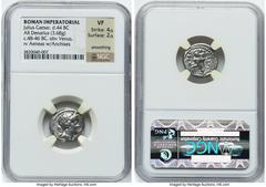 Ancients Roman Republic Julius Caesar, as Dictator (49-44 BC). AR denarius (16mm, 3.68 gm, 6h). NGC VF 4/5 - 2/5, smoothing. Military mint traveling with Caesar in North Africa, ca. 48-46 BC. Diademed