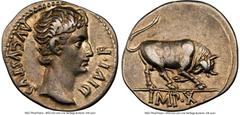 Ancients Roman Imperial Augustus (27 BC-AD 14). AR denarius (20mm, 3.79 gm, 6h). NGC XF 5/5 - 4/5. Lugdunum, ca. 15-13 BC. AVGVSTVS-DIVI•F, bare head of Augustus right / IMP•X, bull charging right, he