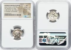 Ancients Roman Republic Julius Caesar, as Dictator (49-44 BC). AR denarius (17mm, 3.74 gm, 5h). NGC AU 4/5 - 4/5. Military mint traveling with Caesar in North Africa, ca. 48-46 BC. Diademed head of Ve