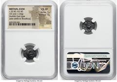 Ancients Celtic BRITAIN. Iceni. Ca. 20 BC-AD 40. AR unit (14mm, 1.03 gm, 7h). NGC Choice XF 5/5 - 3/5. Uninscribed coinage, Norfolk God Type. Male head right, oval eye, wearing mustache, short dashes 