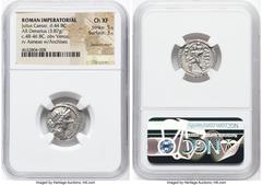 Ancients Roman Republic Julius Caesar, as Dictator (49-44 BC). AR denarius (18mm, 3.87 gm, 6h). NGC Choice XF 5/5 - 3/5, bankers mark. Military mint traveling with Caesar in North Africa, ca. 48-46 BC