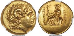 Ancients Greek THRACIAN KINGDOM. Lysimachus (305-281 BC). AV stater (19mm, 8.60 gm, 1h). NGC MS 5/5 - 3/5, light smoothing. Early posthumous issue of uncertain mint. Diademed head deified Alexander II