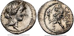 Ancients Roman Republic Julius Caesar, as Dictator (49-44 BC). AR denarius (18mm, 3.87 gm, 6h). NGC Choice AU 5/5 - 4/5. Military mint traveling with Caesar in North Africa, ca. 48-46 BC. Diademed hea