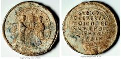 Ancients Byzantine Ekdikoi of the Hagia Sophia (AD 11th-12th centuries). Lead seal (63mm, 137.13 gm, 11h). Choice XF, edge bend, edge chip. IOVCTINIAN ΔЄC-ΘEOTO-KE BOHΘEI, Theotokos and Justinian I, n