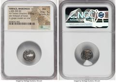 Ancients Greek THRACE. Maroneia. Ca. 400-350 BC. AR triobol or drachm (13mm, 2.82 gm, 1h). NGC AU 4/5 - 4/5. M-H-T, forepart of horse left / M-A, bunch of grapes on vine, within beaded square. HGC 3.2