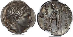 Ancients Greek MACEDONIAN KINGDOM. Demetrius I Poliorcetes (306-283 BC). AR tetradrachm (29mm, 17.08 gm, 4h). NGC AU S 5/5 - 4/5, Fine Style. Amphipolis ca. 290-289/8 BC. Diademed head of Demetrius I 