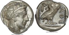 Ancients Greek ATTICA. Athens. Ca. 440-404 BC. AR tetradrachm (23mm, 17.20 gm, 4h). NGC MS 5/5 - 4/5, Full Crest. Mid-mass coinage issue. Head of Athena right, wearing earring, necklace, and crested A