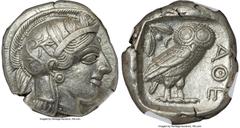 Ancients Greek ATTICA. Athens. Ca. 440-404 BC. AR tetradrachm (25mm, 17.17 gm, 7h). NGC AU 5/5 - 4/5, Full Crest. Mid-mass coinage issue. Head of Athena right, wearing earring, necklace, and crested A