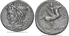 Ancients Roman Republic L. Cossutius C.f. Sabula (ca. 74/72 BC). AR denarius (19mm, 4.02 gm, 4h). NGC Choice VF S 5/5 - 5/5. Rome. SABVLA, head of Medusa left, wearing winged diadem, and entwined with
