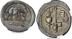 Ancients Roman Republic Julius Caesar, as Dictator (49-44 BC). AR denarius (20mm, 3.95 gm, 2h). NGC AU S 5/5 - 5/5. Military mint traveling with Caesar in northern Italy, ca. 49-48 BC. CAESAR, elephan