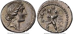 Ancients Roman Republic Julius Caesar, as Dictator (49-44 BC). AR denarius (18mm, 3.89 gm, 5h). NGC Choice XF S 5/5 - 5/5. Military mint traveling with Caesar in North Africa, ca. 48-46 BC. Diademed h
