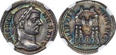 Ancients Roman Imperial Maximian (AD 286-310). AR argenteus (19mm, 3.18 gm, 11h). NGC Choice AU S 5/5 - 5/5. Rome, AD 294-305. MAXIMIA-NVS AVG, laureate head of Maximian right / VIRTVS-MILITVM, the fo