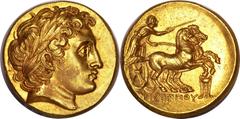 Philip II (359-336 BC). AV stater (8.56 gm). Kolophon, reign of Philip III, ca. 323-319 BC. Laureate head of Apollo right, with the features of Alexander III the Great / ΦIΛIΠΠOY, charioteer, holding 