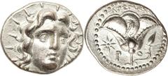 Rhodes. Ca. 205-190 BC. AR tetradrachm (13.33 gm). Agemachos, magistrate. Radiate head of Helios facing slightly right, gaze directed upward / P-O, rose with bud to right; AΓEMAXOY above, star to left