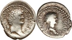 Cleopatra and Mark Antony, rulers of the East (36-31 BC). AR denarius (3.12 gm). Eastern mint moving with Antony, 32-31 BC. CLEOPATRAE [REGINAE REGVM]FILIORVM REGVM, diademed and draped bust of Cleopa
