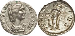 Manlia Scantilla, wife of Didius Julianus (Augusta AD 193). AR denarius (3.24 gm). Rome, March-June AD 193. MANL SCA-NTILLA AVG, draped bust of Scantilla right / IVNO REGINA, Juno standing left, holdi