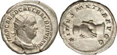 Balbinus (AD 238). AR double denarius or antoninianus (4.68 gm). Rome, April-June AD 238. IMP CAES D CAEL BALBINVS AVG, radiate, draped and cuirassed bust of Balbinus right / FIDES MVTVA AVGG, clasped