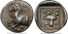 Ancients Greek THRACE. Maroneia. Ca. 400-350 BC. AR triobol or drachm (16mm, 2.85 gm, 11h). NGC Choice VF 4/5 - 4/5. E-Y-Π, forepart of horse left / M-A, bunch of grapes on vine; all within beaded squ