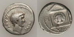 Lot of two Imperatorial AR denarii. Caesar & Antony. Includes: Julius Caesar (49-48 BC). Mobile military mint. Elephant advancing right, trampling horned serpent / Simpulum, sprinkler, axe (surmounted