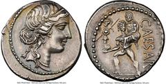 Ancients Roman Republic Julius Caesar, as Dictator (49-44 BC). AR denarius (18mm, 3.93 gm, 6h). NGC Choice XF 4/5 - 3/5, brushed. Military mint traveling with Caesar in North Africa, ca. 48-46 BC. Dia