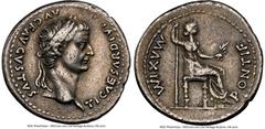 Ancients Roman Imperial Tiberius, as Augustus (AD 14-37). AR denarius (20mm, 3.74 gm, 7h). NGC Choice VF 5/5 - 3/5, marks. Lugdunum, ca. AD 14-17. TI CAESAR DIVI-AVG F AVGVSTVS, laureate head of Tiber