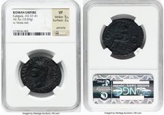 Ancients Roman Imperial Gaius (Caligula) (AD 37-41). AE as (30mm, 10.69 gm, 7h). NGC VF 5/5 - 2/5, porosity. Rome, 37-38 AD. C CAESAR AVG GERMANICVS PON M TR POT, bare head of Caligula left / VESTA, V