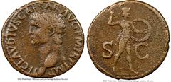 Ancients Roman Imperial Claudius I (AD 41-54). AE as (28mm, 10.51 gm, 7h). NGC Choice Fine 5/5 - 3/5. Rome, ca. AD 41-42. TI CLAVDIVS CAESAR AVG P M TR•P•IMP, bare head of Claudius I left / Minerva ad