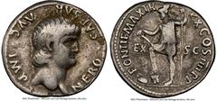 Ancients Roman Imperial Nero, as Augustus (AD 54-68). AR denarius (19mm, 3.57 gm, 6h). NGC Fine 5/5 - 4/5. Rome, December AD 63-64. NERO•CAESAR•AVG•IMP, bare head of Nero right / PONTIF MAX TR-P X COS