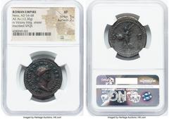 Ancients Roman Imperial Nero, as Augustus (AD 54-68). AE as (31mm, 12.30 gm, 6h). NGC XF 5/5 - 2/5. Rome, AD 65. NERO CAESAR AV-G GERM IMP, laureate head of Nero right / Victory flying left, round shi