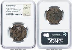 Ancients Roman Imperial Nero, as Augustus (AD 54-68). AE as (29mm, 10.11 gm, 6h). NGC VF 5/5 - 2/5, porosity. Lugdunum, Issue II, ca. AD 65. NERO CLAVD CAESAR AVG GERMANICVS, laureate bust of Nero lef