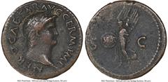 Ancients Roman Imperial Nero, as Augustus (AD 54-68). AE as (27mm, 7h). NGC VF. Rome, AD 65. NERO CAESAR AVG-GERM IMP, laureate head of Nero right / Victory flying left, round shield inscribed S P Q R