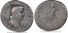 Ancients Roman Imperial Nero, as Augustus (AD 54-68). AR denarius (19mm, 3.18 gm, 6h). NGC Fine 4/5 - 3/5. Rome, ca. AD 65-68. NERO CAESAR-AVGVSTVS, laureate head of Nero right / IVPPITER-CVSTOS, Jupi