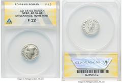 Ancients Roman Imperial Nero, as Augustus (AD 54-68). AR denarius (18mm, 6h). ANACS Fine 12. Rome, ca. AD 65-68. NERO CAESAR-AVGVSTVS, laureate head of Nero right / IVPPITER-CVSTOS, Jupiter enthroned 