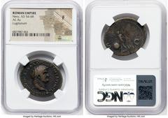 Ancients Roman Imperial Nero, as Augustus (AD 54-68). AE as (31mm, 5h). NGC Fine. Lugdunum, AD 66. NERO CLAVD CAESAR AVG GER P M TR P IMP P P, bare head of Nero right, globe at point of truncation / V