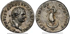 Ancients Roman Imperial Titus, as Augustus (AD 79-81). AR denarius (17mm, 3.29 gm, 11h). NGC AU 5/5 - 2/5. Rome, AD 80. IMP TITVS CAES VESPASIAN AVG P M, laureate head of Titus right, seen from behind
