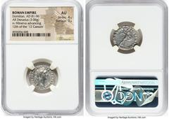 Ancients Roman Imperial Domitian, as Augustus (AD 81-96). AR denarius (19mm, 3.06 gm, 7h). NGC AU 4/5 - 3/5. Rome, 14 September AD 93-13 September AD 94. IMP CAES DOMIT AVG-GERM P M TR P XIII, laureat