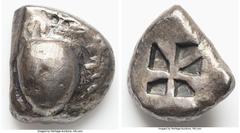 Ancients Greek SARONIC ISLANDS. Aegina. Ca. 525-475 BC. AR stater (21mm, 11.99 gm). Fine, cut, smoothing. Sea turtle, viewed from above, head turned sideways / Large skew pattern incuse with five sunk