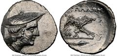 AETOLIAN LEAGUE. Ca. 250-145 BC. AR triobol (16mm, 2.38 gm, 11h). NGC MS 3/5 - 3/5, die shift, brushed. Head of Atalanta to right, wearing petasus / ΑΙΤΩΛΩΝ, Calydonian boar running right, head lowere