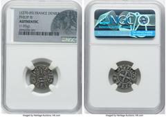 4-Piece Lot of Certified Medieval Deniers NGC, 1) Philip III Denier ND (1270-1285) - Authentic. 1.05gm 2) Priory of Souvigny Denier ND (1150-1200)- Authentic 0.99gm. Ex. Montlebeau Hoard 3) La Marche 