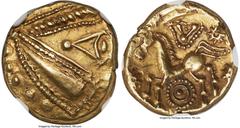 Ancients Celtic GAUL. Treveri Or Remi. Late 2nd-mid 1st centuries BC. AV stater (17mm, 6.22 gm, 10h). NGC AU 4/5 - 4/5. Celticized eye in profile; three stars to right, pellets around / Celticized hor