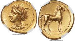 Ancients Greek ZEUGITANA. Carthage. Ca. 350-320 BC. AV stater (21mm, 9.37 gm, 9h). NGC AU S 5/5 - 4/5, light marks. Bust of Tanit left, hair wreathed with grain ears, wearing triple-pendant earring an