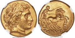 Ancients Greek MACEDONIAN KINGDOM. Philip II (359-336 BC). AV stater (18mm, 8.57 gm, 11h). NGC Choice MS 5/5 - 5/5, Fine Style. Late posthumous issue of Colophon, under Philip III Arrhidaeus, ca. 322 