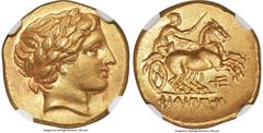 Ancients Greek MACEDONIAN KINGDOM. Philip II (359-336 BC). AV stater (18mm, 8.55 gm, 12h). NGC AU S 5/5 - 5/5. Late posthumous issue of Amphipolis III A, under Philip III Arrhidaeus, ca. 323/2-315 BC.
