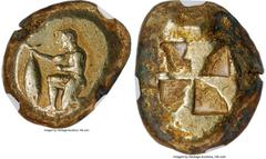 Ancients Greek MYSIA. Cyzicus. Ca. 500-450 BC. EL stater (19mm, 16.45 gm). NGC Choice VF 4/5 - 3/5. Nude youth kneeling left, holding tunny fish by the tail in right hand, left arm resting on thigh / 