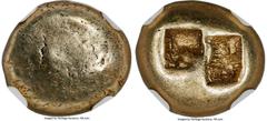 Ancients Greek IONIA. Uncertain mint. Ca. 650-600 BC. EL third-stater or trite (13mm, 4.64 gm). NGC Choice VF 5/5 - 4/5. Lydo-Milesian standard. Uncertain blank type / Two incuse squares with irregula