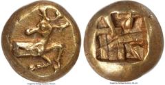 Ancients Greek IONIA. Ephesus. Phanes (ca. 625-600 BC). EL sixth-stater or hecte (10mm, 2.35 gm). NGC Choice XF S 5/5 - 4/5. Forepart of stag with patterned fur right, head reverted / Abstract geometr