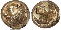 Ancients Greek IONIA. Phocaea. Ca. 521-478 BC. EL sixth-stater or hecte (9mm, 2.58 gm). NGC Choice XF 5/5 - 4/5. Head of bearded man-headed bull left, wearing collar with row of pearls; seal swimming 