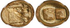 Ancients Greek LYDIAN KINGDOM. Alyattes or Walwet (ca. 610-546 BC). EL third-stater or trite (13mm, 4.77 gm). NGC AU 5/5 - 3/5, marks. Lydo-Milesian standard, Sardes, uninscribed issues. Head of lion 
